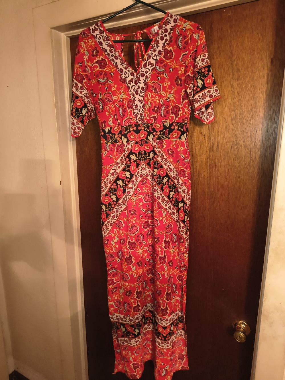 Xhilaration Red Floral V-Neck Maxi Dress with Black & Cream Accents